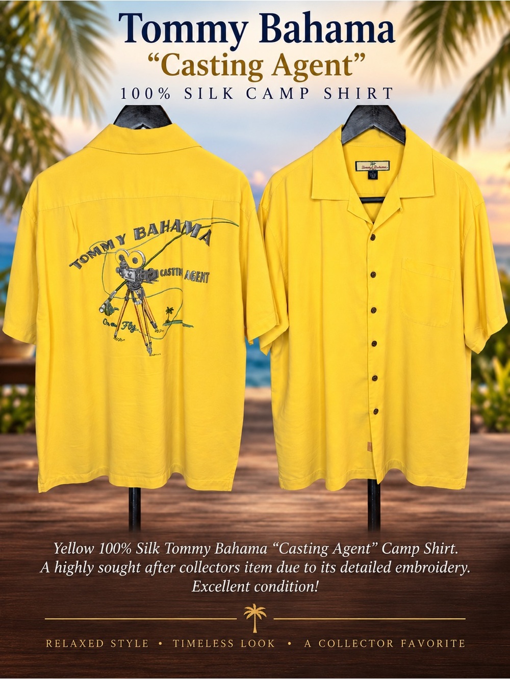 Tommy Bahama Yellow Silk Camp Shirt with Embroidered 'Casting Agent' Graphic